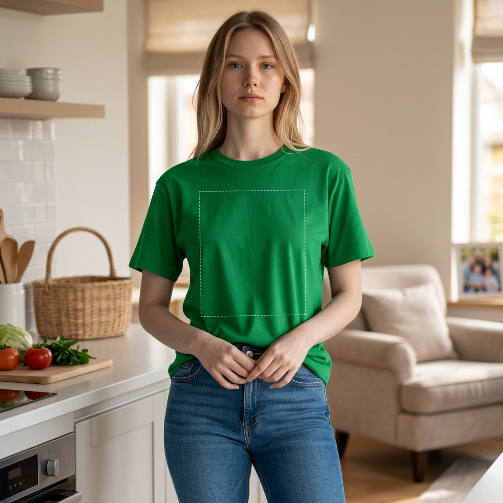 A woman wearing a green GIGI & POPO custom unisex cotton t-shirt with a blank design area in a home kitchen setting.