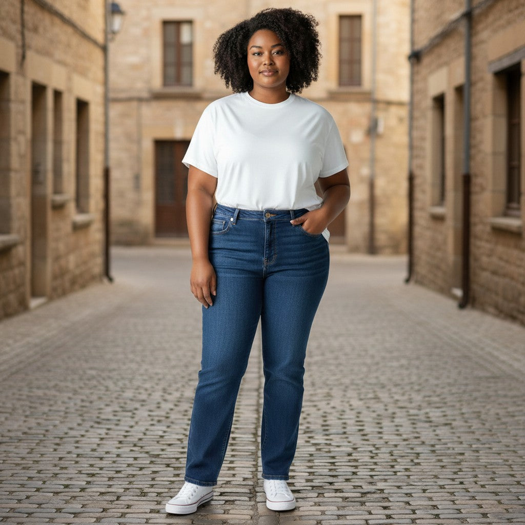 GIGI & POPO high rise bootcut jeans in dark blue denim worn by a woman with a white t-shirt on a cobblestone street.
