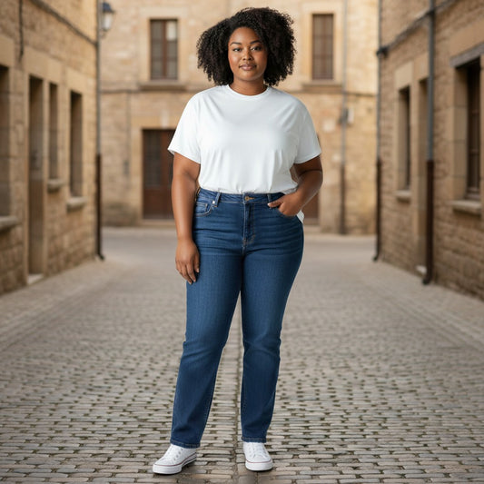 GIGI & POPO high rise bootcut jeans in dark blue denim worn by a woman with a white t-shirt on a cobblestone street.