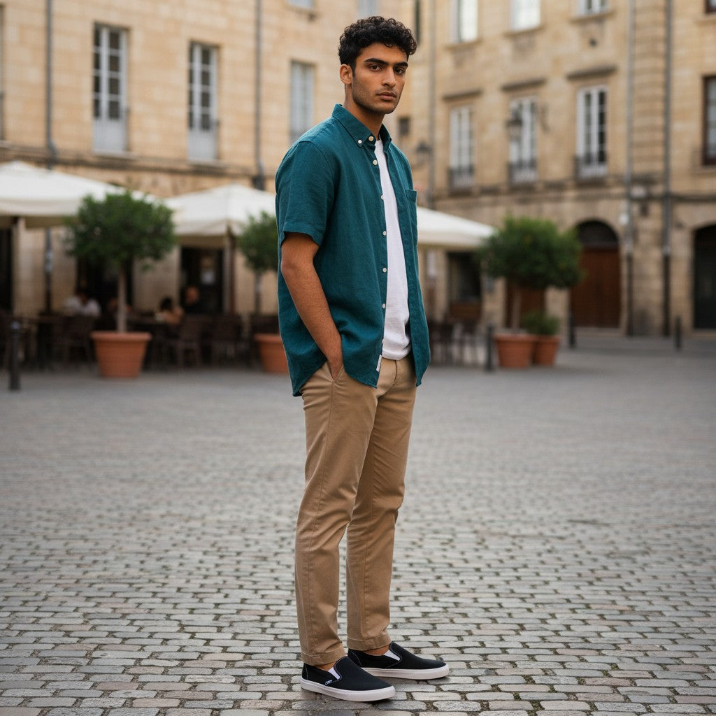 GIGI & POPO men wearing black canvas slip-on shoes with white soles, paired with khaki chinos and a teal shirt.