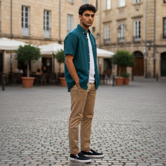 GIGI & POPO men wearing black canvas slip-on shoes with white soles, paired with khaki chinos and a teal shirt.
