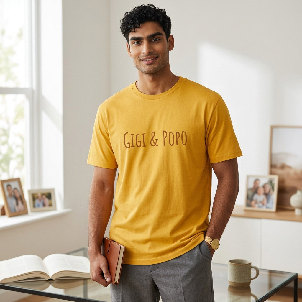 Man wearing a mustard yellow GIGI & POPO custom printed cotton t-shirt in a bright home office setting.