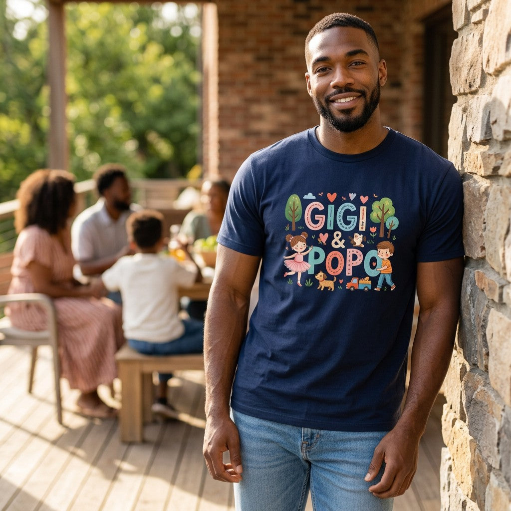 A man wearing a GIGI & POPO navy blue custom DTG printed t-shirt with a colorful cartoon design on a patio.