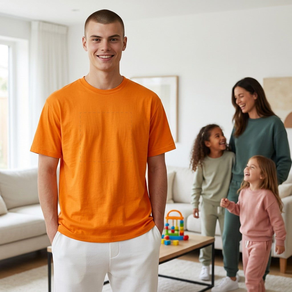 A man wearing a bright orange GIGI & POPO custom t-shirt in a bright living room with a family in the background.