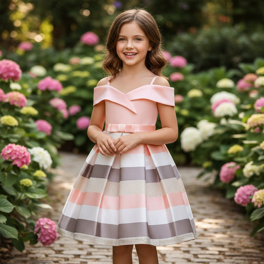 GIGI & POPO girl wearing a pink off-the-shoulder polyester sling dress with a striped skirt in a garden setting