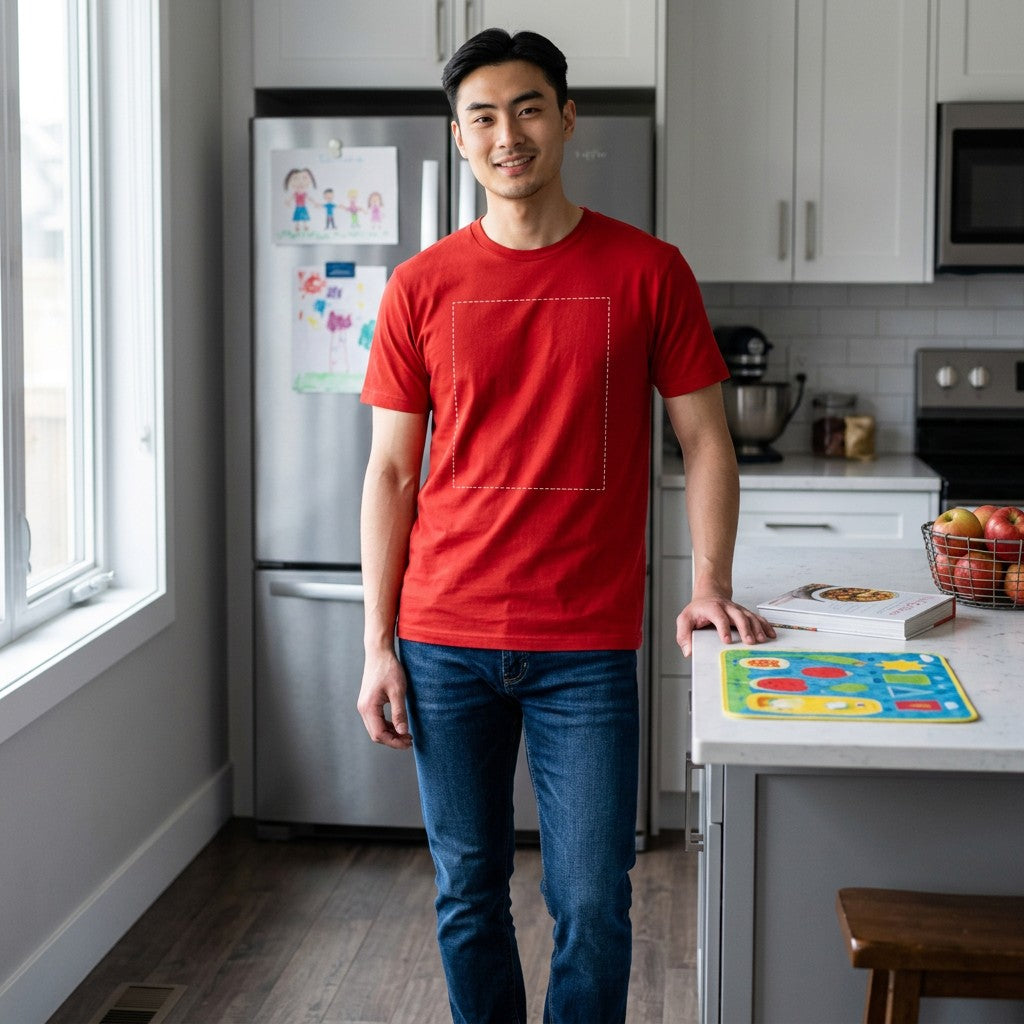 A man wearing a GIGI & POPO red custom printed cotton t-shirt with a design area placeholder in a home kitchen.