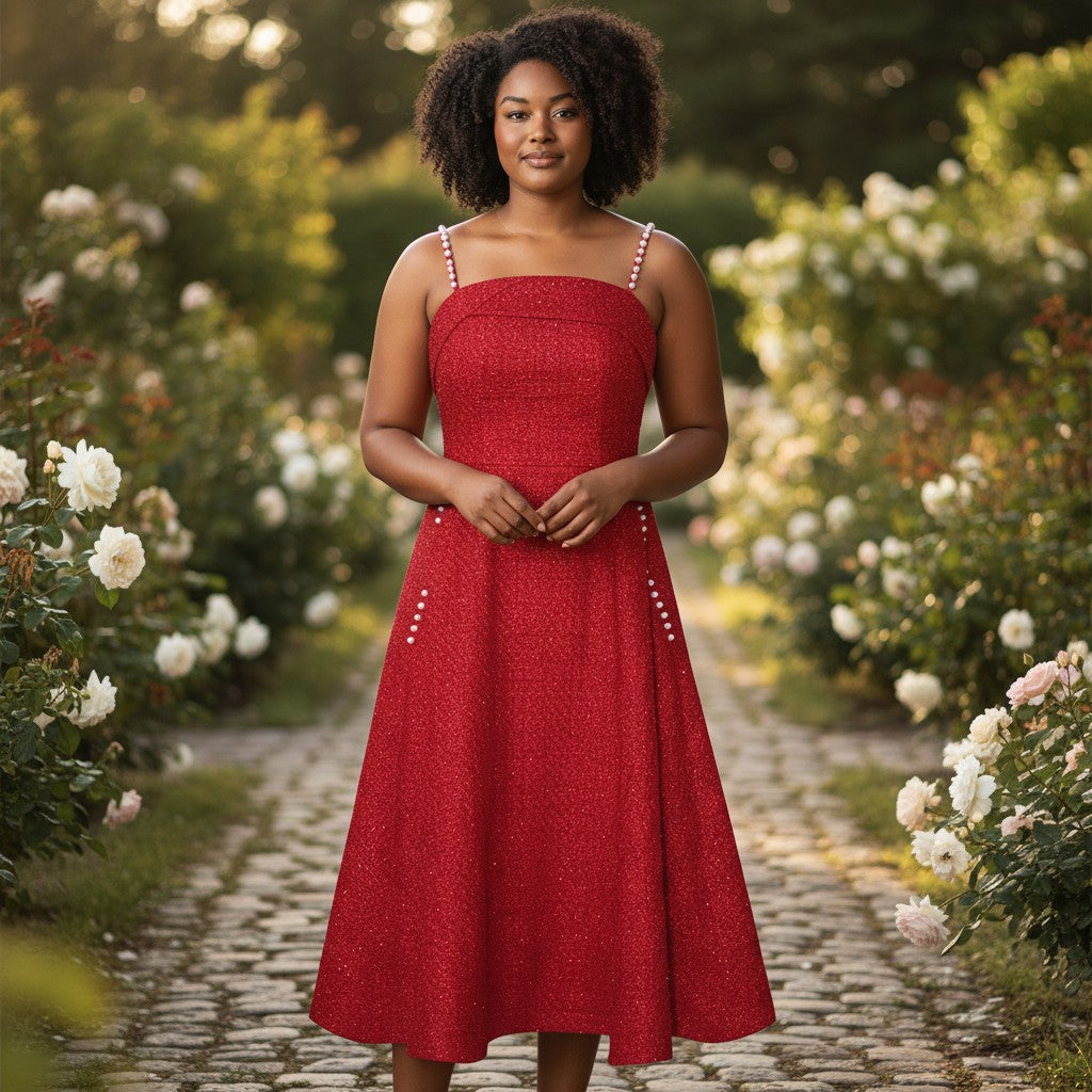 GIGI & POPO red tweed midi dress with pearl strap and pocket detailing worn by a woman in a garden