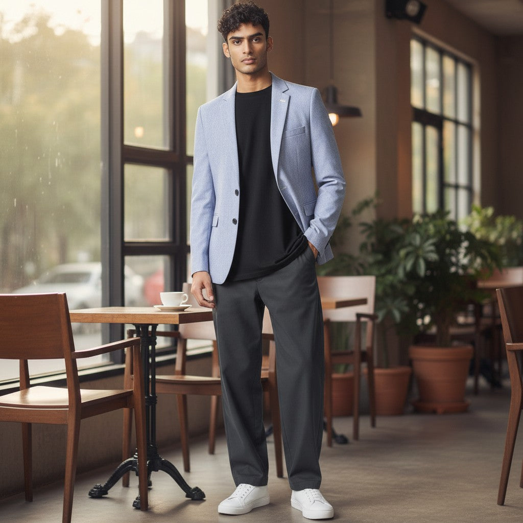 GIGI & POPO slim fit light blue blazer worn by a man with a black t-shirt and grey trousers in a cafe setting