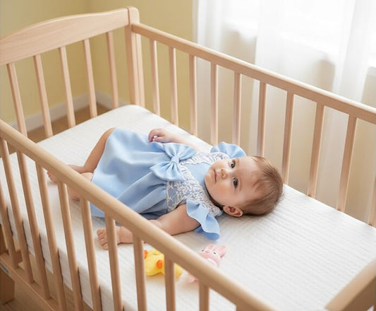 GIGI & POPO baby girl wearing a light blue cotton dress with lace trim and bow detail lying in a wooden crib