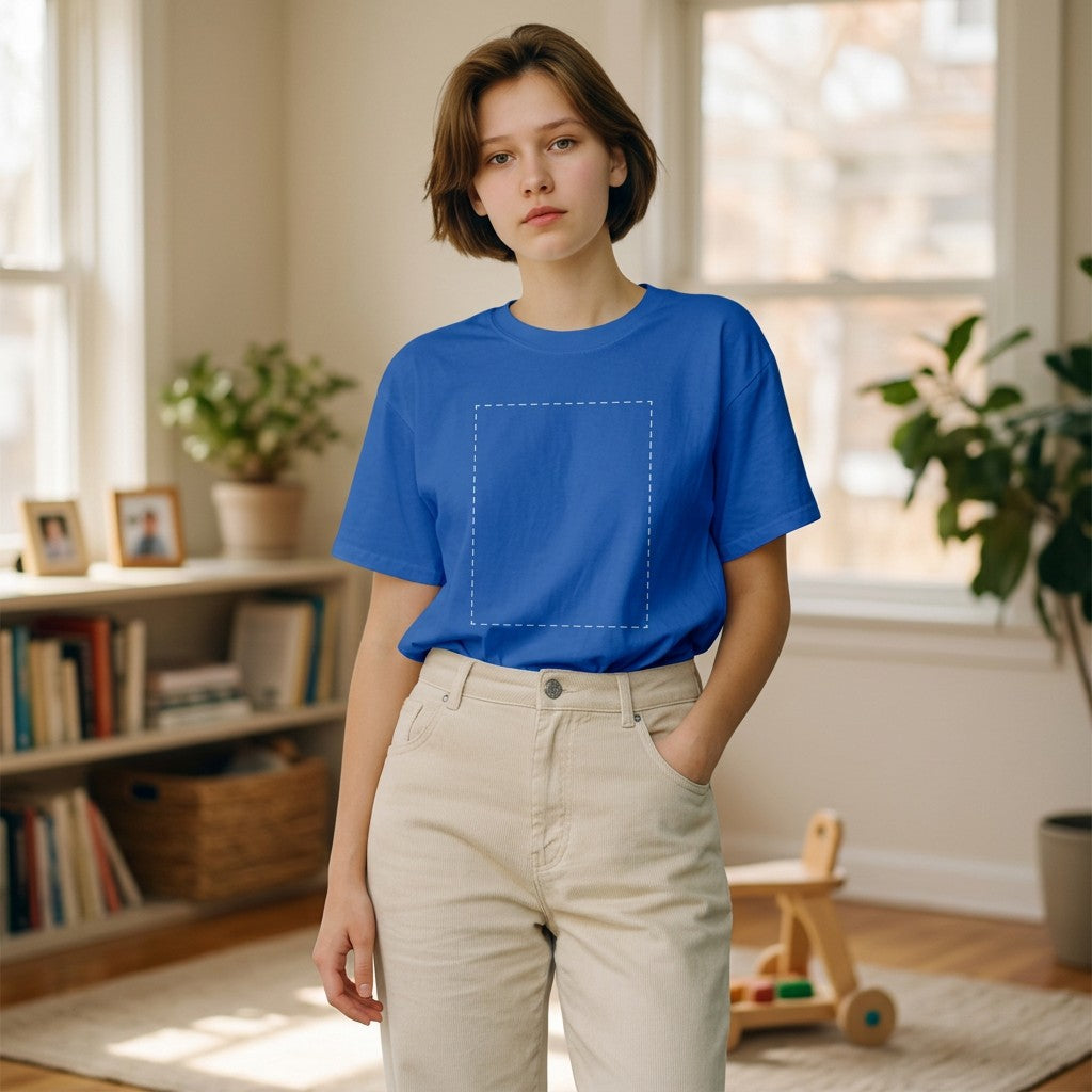 A woman wearing a blue GIGI & POPO custom DTG t-shirt with a blank design area, styled with beige trousers in a home.
