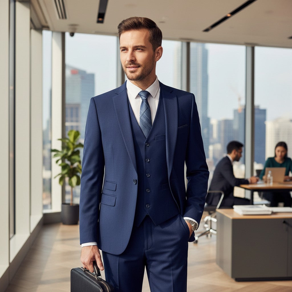 GIGI & POPO navy blue three-piece business suit with a flat collar, worn by a man in a modern office setting.