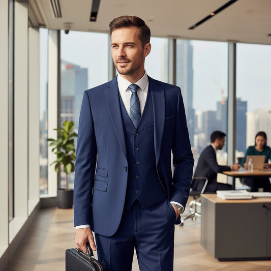GIGI & POPO navy blue three-piece business suit with a flat collar, worn by a man in a modern office setting.