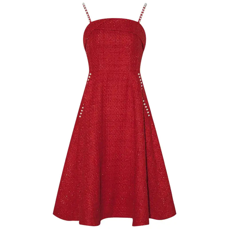 Retro Pearl Sling Tweed Dress for Women