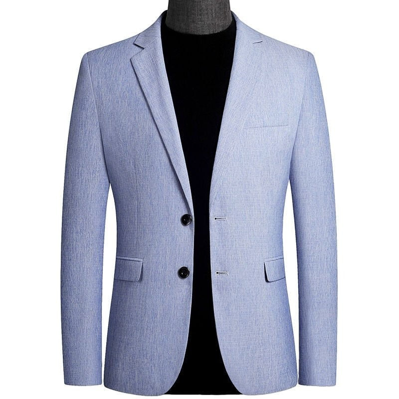 Men's blazer in light blue, slim fit fashion suit with two-button lapel design.