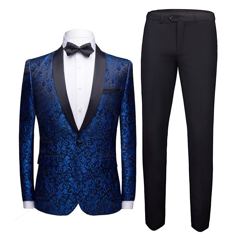 Men's wedding dress suit set with blue patterned jacket and black trousers.