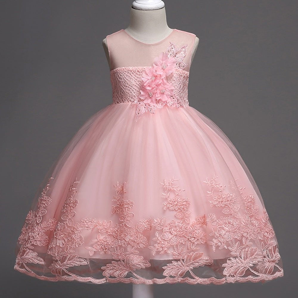 Pink embroidered wedding girl dress with floral details