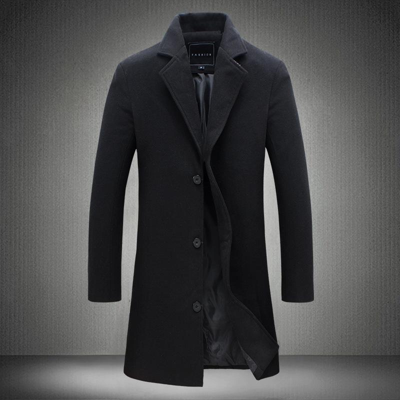 Autumn and Winter New Men's Solid Color Casual Business Woolen Long Coat - GIGI & POPO - Men Hoodies & Jackets - Black / 5XL