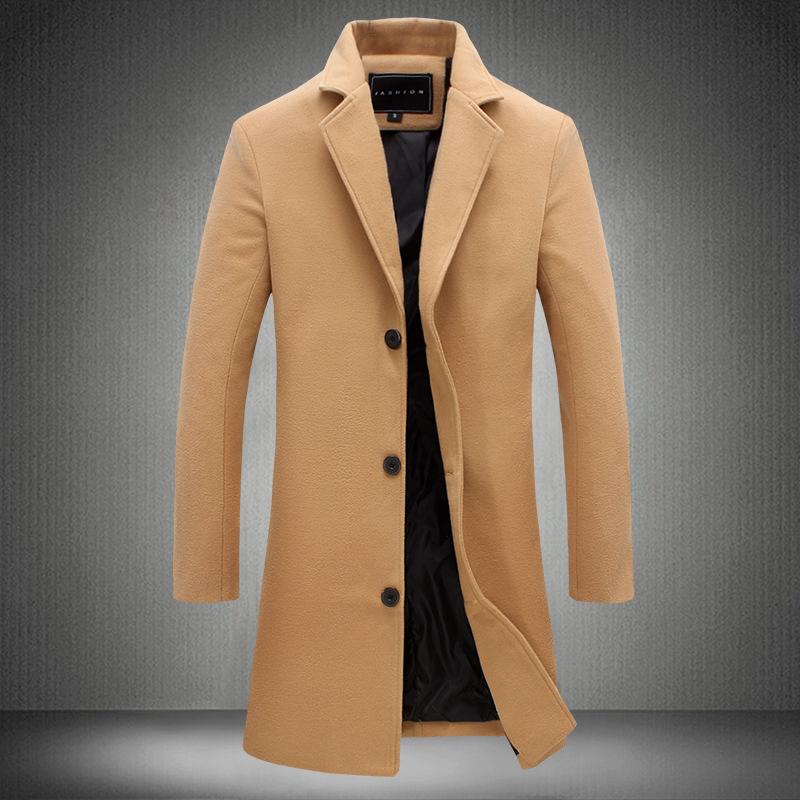Solid color casual business woolen long coat with lapel collar.