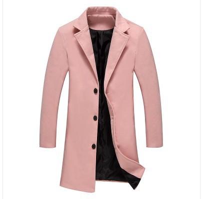 Autumn and Winter New Men's Solid Color Casual Business Woolen Long Coat - GIGI & POPO - Men Hoodies & Jackets - Pink / M