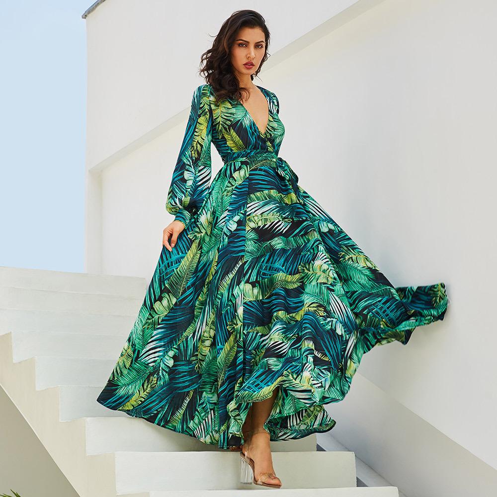 V-neck green leaf print dress with lantern sleeves for summer.