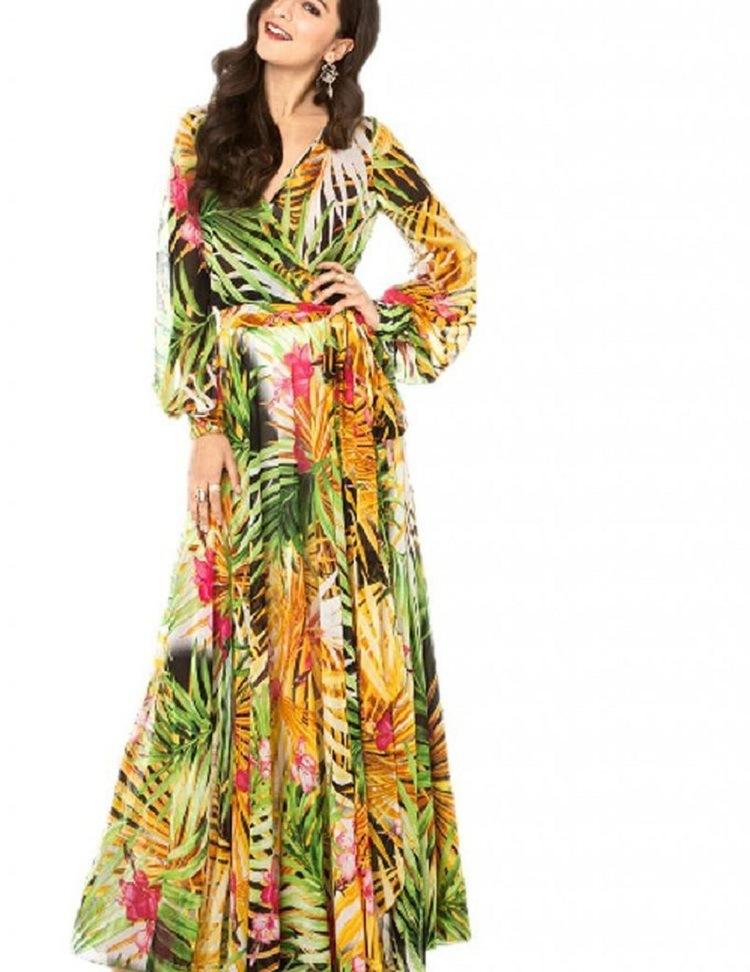 2021 Summer Amazon New Lantern Sleeve V-neck Green Leaf Print Sk - GIGI & POPO - Women - Yellow / S