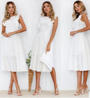 2021 summer explosion models fashion ruffled zipper irregular round neck lace dress - GIGI & POPO - Dress - White / M