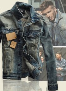 Men's denim jacket with stylish wash and design, showcased with lifestyle images.