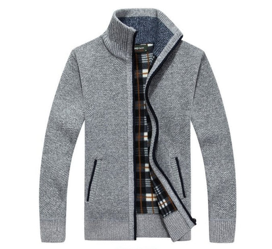 Autumn men's knit velvet top sweater jacket, grey with plaid lining.