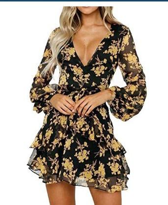 Autumn new fashion flower print long sleeve dress - GIGI & POPO - Women - Gold / 2XL