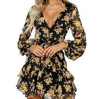 Autumn new fashion flower print long sleeve dress - GIGI & POPO - Women - Gold / 2XL