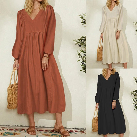 Autumn fashion women's cotton loose lantern sleeve dress in white, orange, and black colors.