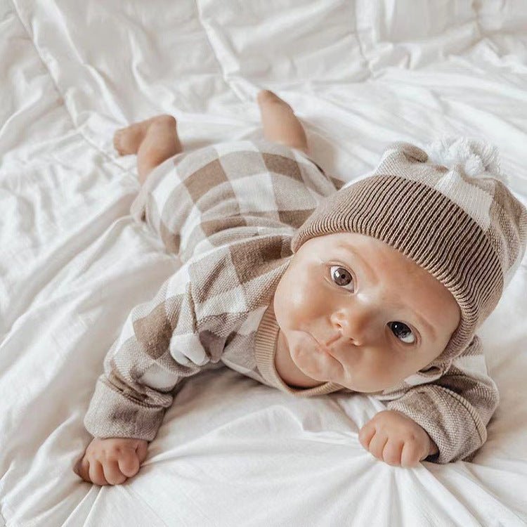 Baby Sweater Checkerboard Jumpsuit With Hat