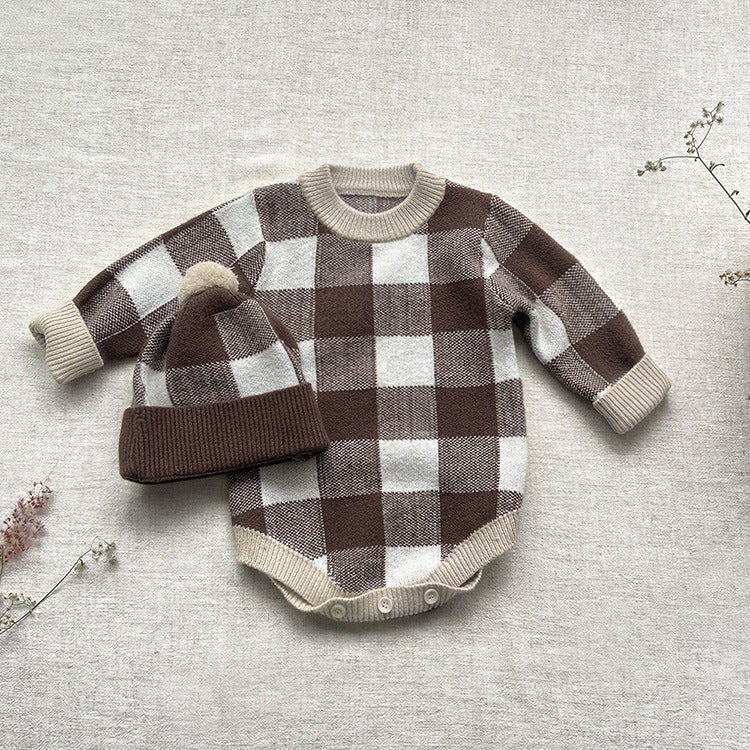 Baby Sweater Checkerboard Jumpsuit With Hat - GIGI & POPO