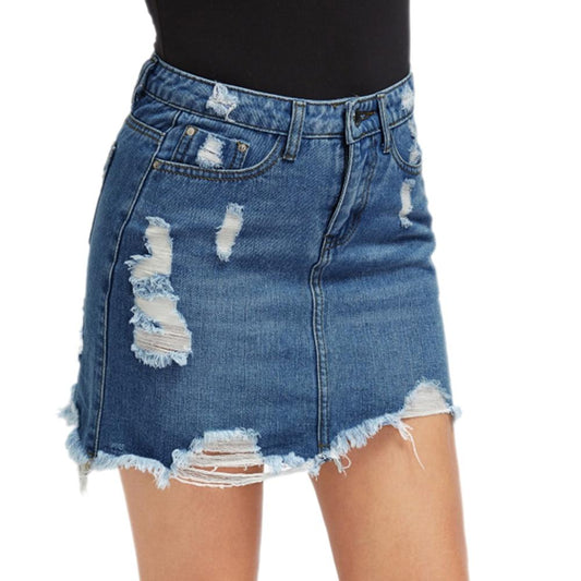 Blue Ripped Denim Mid Waist Skirt - GIGI & POPO - Women -