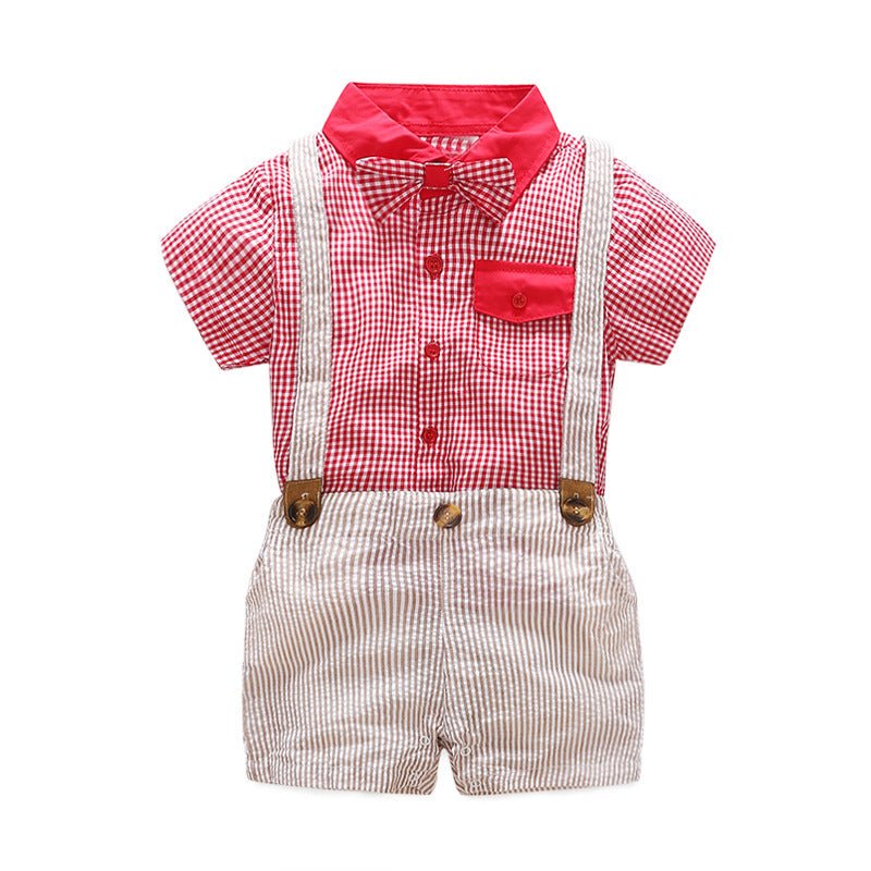 Boys' Fashion Short-sleeved Shirt Straps Pants Dress Two-piece Suit - GIGI & POPO