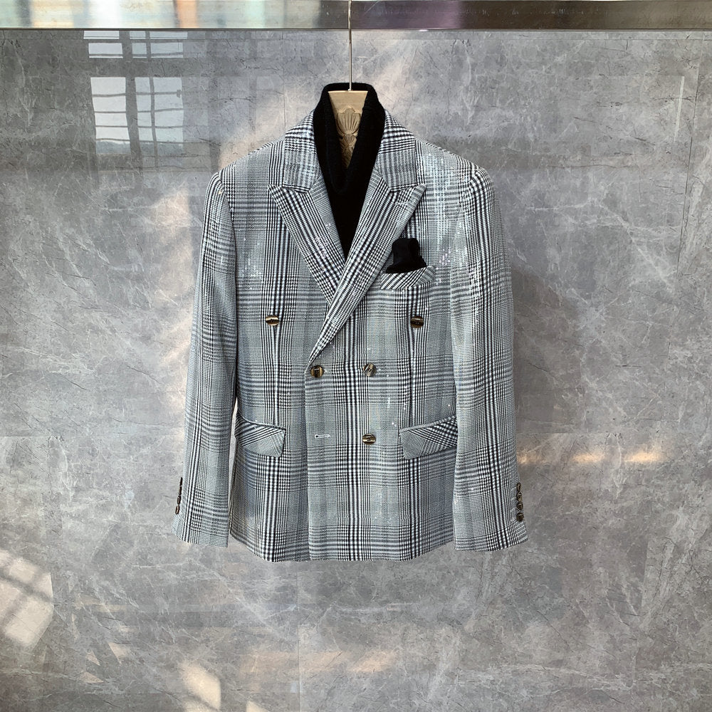 British Plaid Slim Double-breasted Small Suit Jacket Men's Handsome Fashion Jacket