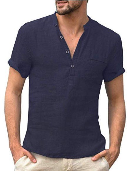 Casual Linen Solid Color Shirt Button V Neck Beach Shirt Men Summer Tops - GIGI & POPO