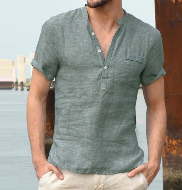 Casual Linen Solid Color Shirt Button V Neck Beach Shirt Men Summer Tops - GIGI & POPO