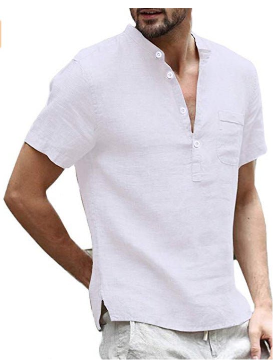 Casual Linen Solid Color Shirt Button V Neck Beach Shirt Men Summer Tops - GIGI & POPO