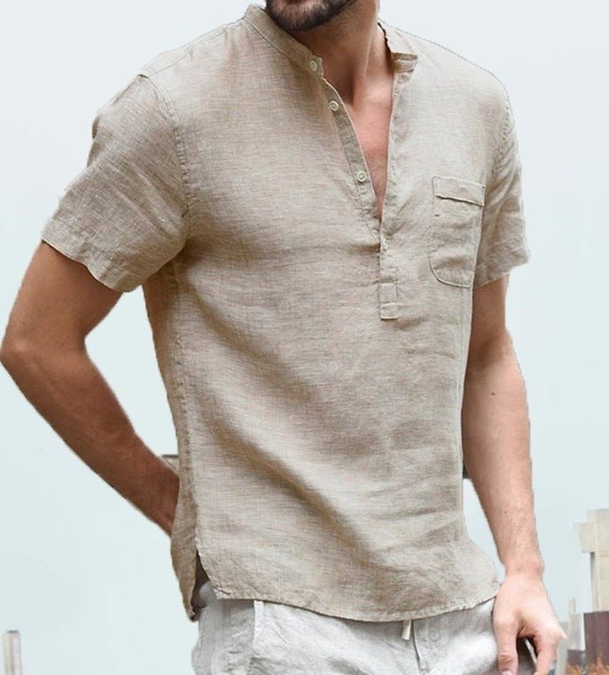 Casual Linen Solid Color Shirt Button V Neck Beach Shirt Men Summer Tops - GIGI & POPO