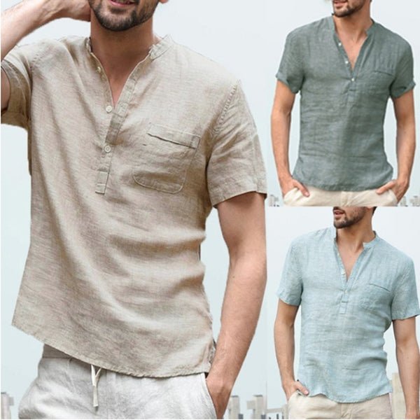 Casual Linen Solid Color Shirt Button V Neck Beach Shirt Men Summer Tops - GIGI & POPO