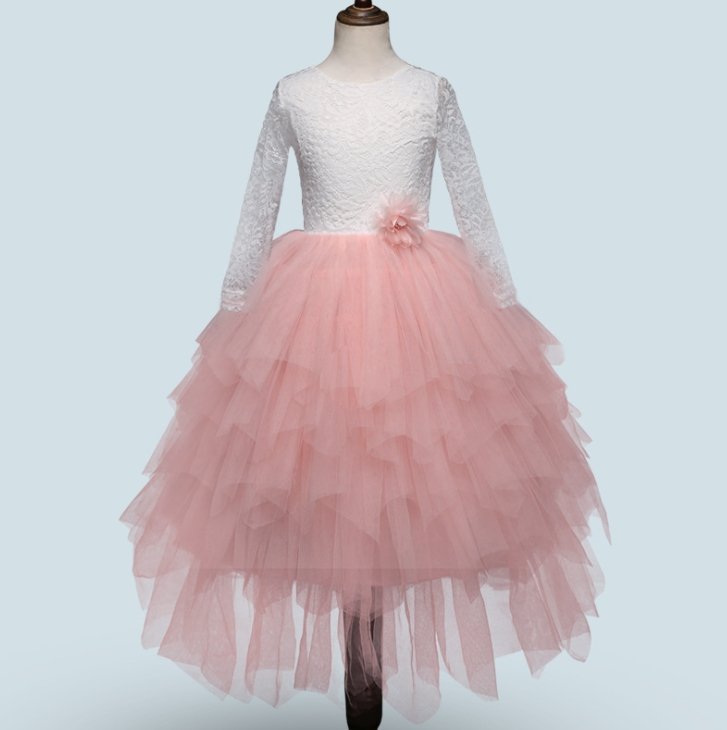 Children's Skirt Lace Long-Sleeved/ Sleeveless Girls Dress - GIGI & POPO - Girl Dresses - Pink / 130cm