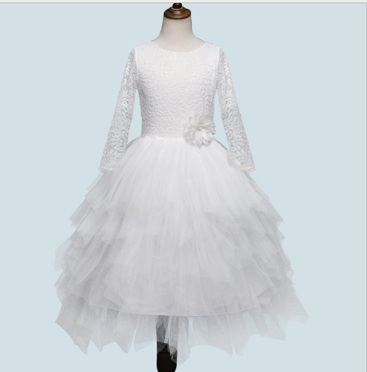 Children's Skirt Lace Long-Sleeved/ Sleeveless Girls Dress - GIGI & POPO - Girl Dresses - White / 110cm
