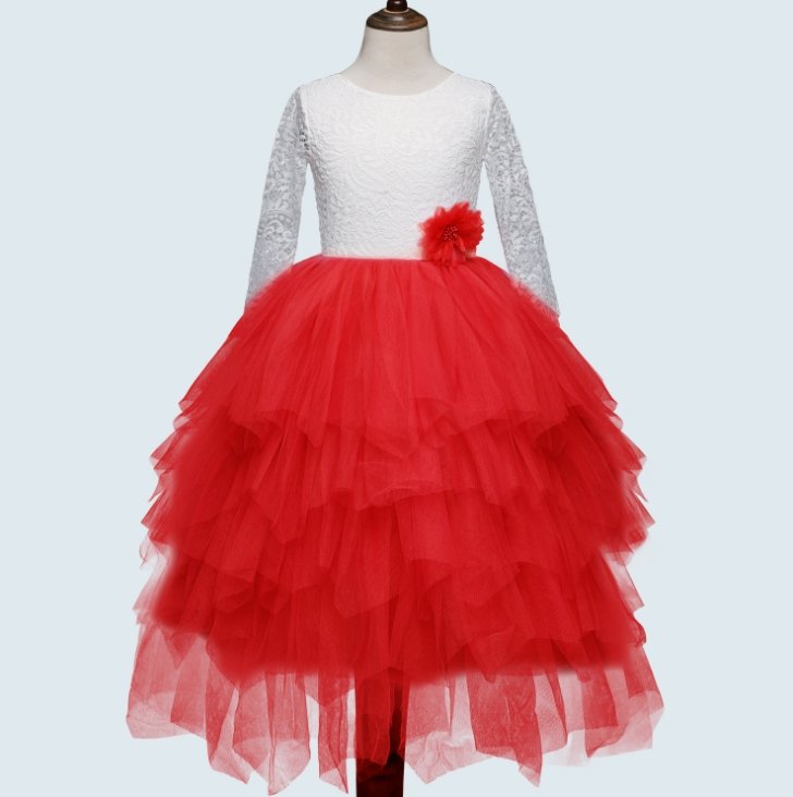 Children's Skirt Lace Long-Sleeved/ Sleeveless Girls Dress - GIGI & POPO - Girl Dresses - Red / 140cm