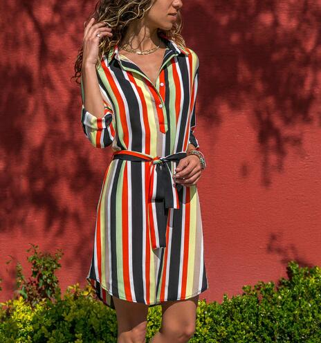 Colorful striped waistband long sleeve shirt dress - GIGI & POPO - Women - Green red / S