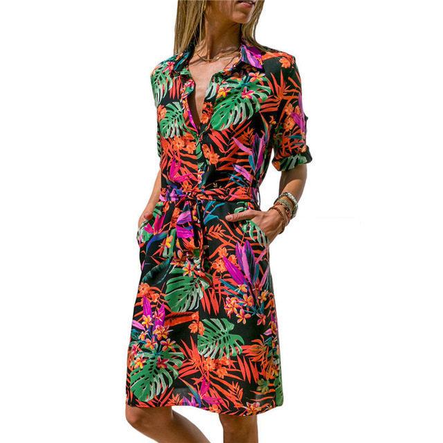 Colorful striped waistband long sleeve shirt dress - GIGI & POPO - Women - Orange / S