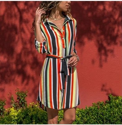 Colorful striped waistband long sleeve shirt dress