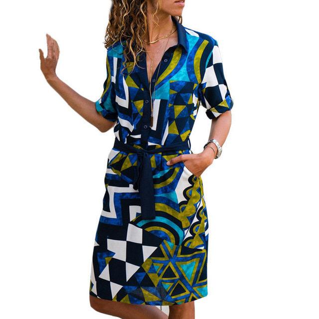 Colorful striped waistband long sleeve shirt dress - GIGI & POPO - Women - Green / S
