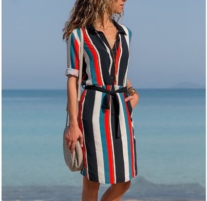 Colorful striped waistband long sleeve shirt dress - GIGI & POPO - Women - Black and white / M