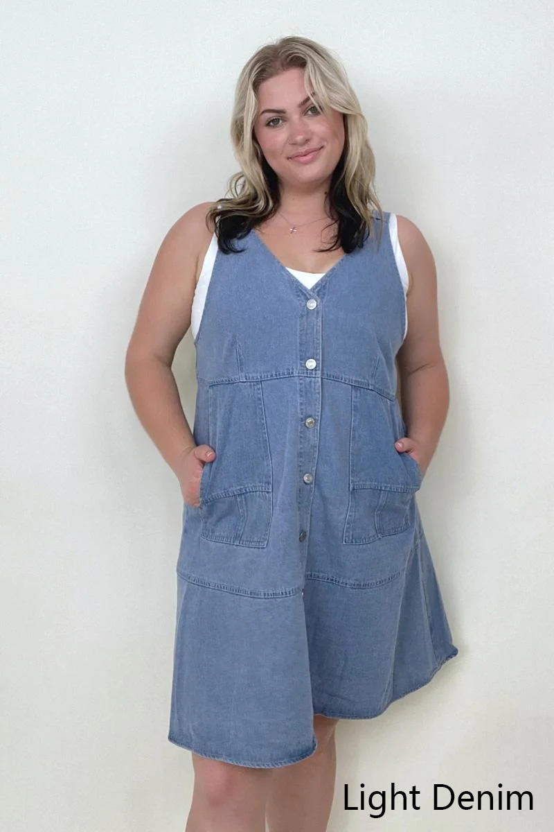 Davi & Dani Button Front Adjustable Strap Denim Dress - GIGI & POPO